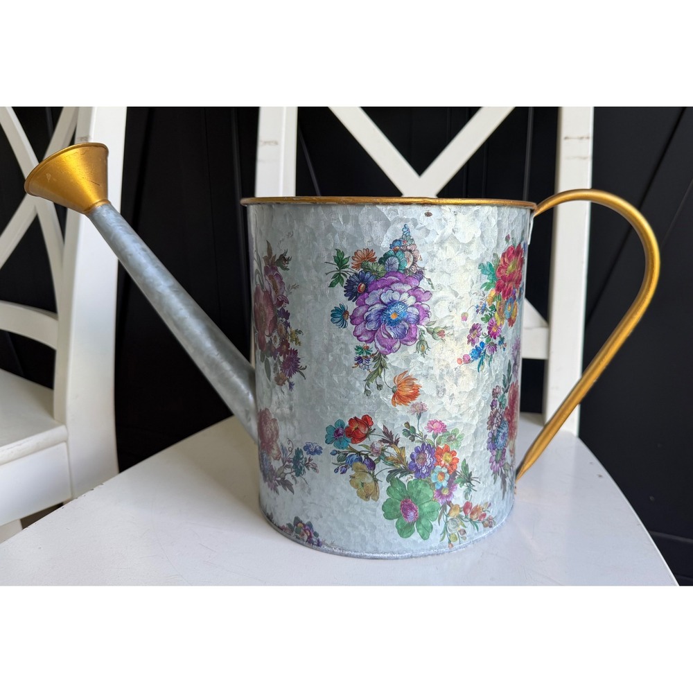 MacKenzie-Childs Floral Galvanized Metal Watering Can Gold Handle Garden Decor